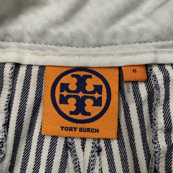 Tory Burch Shorts Womens 8 White Navy Sarah Jane Dover Pin Stripe Pockets Chino - Picture 5 of 13